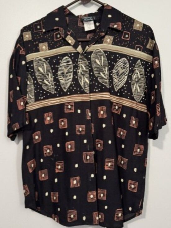 Michele Leslie Tops - Woman's Michele Leslie Short Sleeve Button Down Shirt Color Black/Brown Sz Med